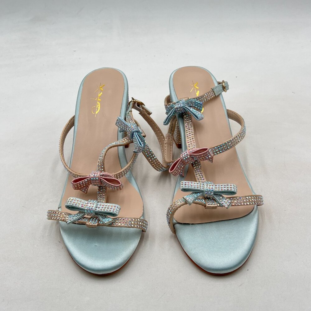 XYD Light Blue Multi Gladiator Rhinestone Crystals Block Heels Open Toe Sandals - Picture 3 of 8